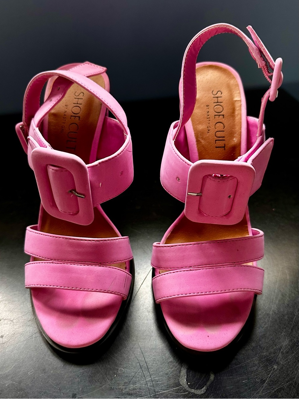 Nasty Gal Pink Buckle Block Heel Sandals